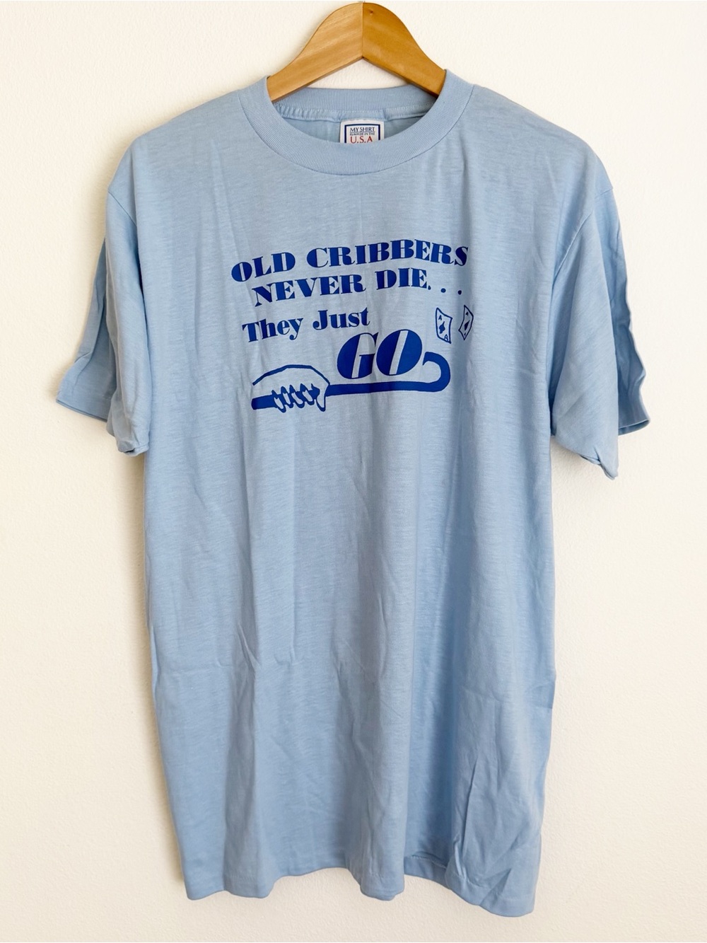 Vintage 80s Old Cribbers Never Die They Just GO Cribbage T Shirt XL Blue NWOT